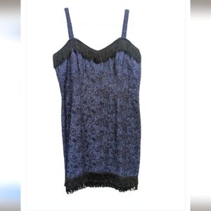 Créations Face à Faces blue floral Jacquard fringe brocade mini dress size M
